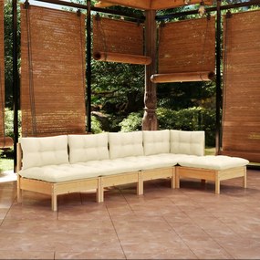 vidaXL 5 pcs conjunto lounge jardim c/ almofadões cor creme pinho