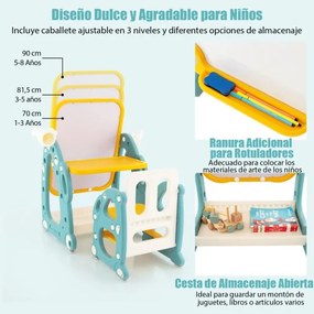 Conjunto de mesa e cadeira para crianças com quadro branco ajustável de 3 níveis Telescópio Telescópio Cesto de arrumação Marcadores Marcadores Anéis