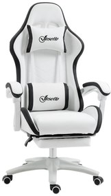 Vinsetto Cadeira Gaming de Couro PU com Altura Ajustável Reclinável 135° e Apoio para os Pés Retrátil 65x65x121-129 cm Branco e Preto