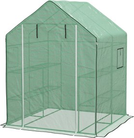 Estufa de jardim 140  x 143 x 190 cm com 1 porta, 1 janela e prateleiras de 3 níveis para legumes, plantas e flores; cobertura em PE Verde