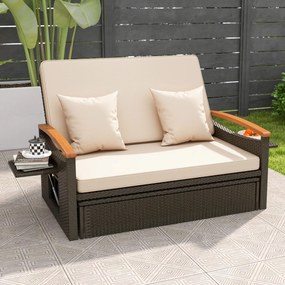 Sofá-cama de rattan para exterior com apoio para os pés com arrumação Encosto ajustável em 4 níveis e tabuleiros laterais retrácteis mistura de castan