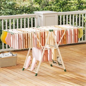 Estendal dobrável com braços ajustáveis 184 x 56 x 99–168 cm, pinças para meias e prateleira para sapatos, secador de roupa bege