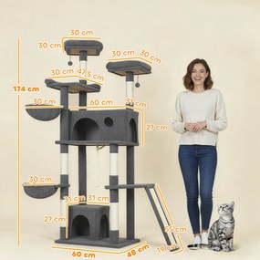Arranhador para gatos com torre de brincadeiras, arranhador, 3 camas, 2 compartimentos abertos, plataformas e 3 brinquedos suspensos; altura: 174 cm;
