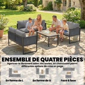Conjunto de jardim modular de canto para 6 pessoas, sofás, mesa de centro e almofadas, cinzento escuro