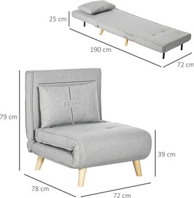 Poltrona 2 em 1 Sofá Cama Individual Dobrável com Encosto Ajustável e Almofada Carga 150 kg 72x78x79 cm Cinza