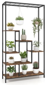 Suporte para plantas alto de 6 níveis Suporte para plantas de 6 níveis Estante de 180 cm com 10 ganchos para pendurar e prateleira de arame para varan