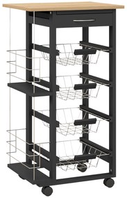HOMCOM Carrinho de Cozinha com Rodas Carrinho Auxiliar com Gaveta 4 Cestas Amovíveis de Metal e Prateleiras Laterais 47x37x83 cm Preto e Madeira | Aosom Portugal