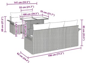Conjunto de Sofá de Jardim com 6 Peças e Almofadas Pretas em Rattan Si