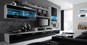 Mobiliário moderno de sala de estar com Leds, acabamento em Branco Mate e Laca Negra Brilhante, medidas: 250x194x42cm de profundidade
