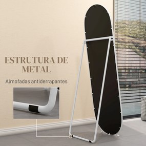 Espelho de Pé Oval 160x40 cm Espelho de Corpo Inteiro com Moldura Metálica Suporte e 2 Formas de Utilização Branco