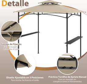 Tenda para churrasco 242 x 150 cm (GRELHADOR NÂO INCLUIDO) com teto duplo, 2 prateleiras, 6 ganchos e Estrutura metálica Bege