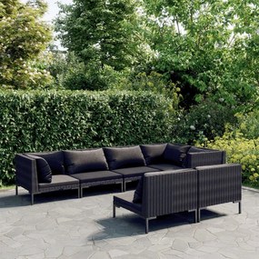 vidaXL 7 pcs conj. lounge jardim c/ almofadões vime PE cinzento-escuro