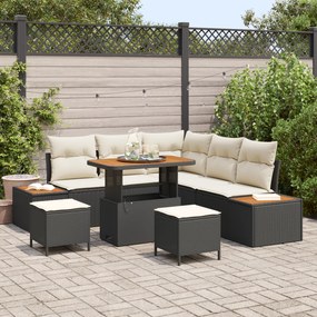 Conjunto de Sofá de Jardim de 8 Peças com Almofadas de Vime Preto