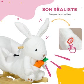 Brinquedo de baloiço em forma de coelho, com função musical, sela de grande conforto, pelúcia curta e macia, madeira de choupo, 18-36 meses, branco