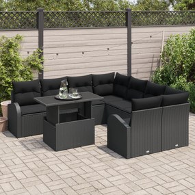 Conjunto de Sofá de Jardim de 9 Peças com Almofadas Preto Rattan Polié