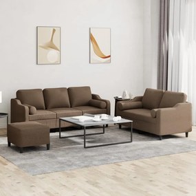 3 pcs conjunto de sofás com almofadas tecido castanho