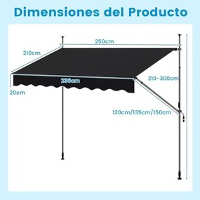 Toldo retrátil manual 2,5 m x 3 m Toldo exterior com altura ajustável Manivela e sem perfuração para janela Porta Terraço Preto