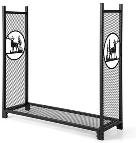 Suporte para lenha de 121 cm com padrões de veados, árvores, laterais em malha e base elevada. Capacidade para 140 kg. Preto.