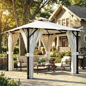 Tenda de jardim para exterior 3x3 m, pavilhão de jardim, telhado duplo, cortinas, ganchos de teto, estrutura metálica, cor creme