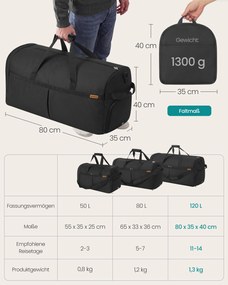 Saco de desporto dobrável muito grande 120 L, com compartimentos para sapatos e para roupa molhada Preto
