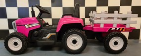 Tractor de bateria para crianças 12 volts, Pneus borracha, banco em pele, com reboque e Comando Rosa