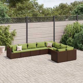 vidaXL 9 pcs conjunto sofás p/ jardim c/ almofadões vime PE castanho
