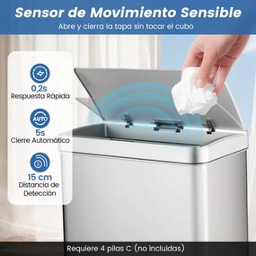 Caixote do lixo em aço inoxidável de 56 litros com sensor de movimento e 2 caixotes do lixo removíveis prateado