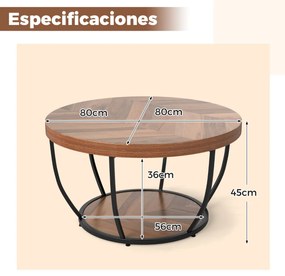 Mesa de centro redonda de 2 níveis com arrumação Mesa de chá de 80 cm com estrutura metálica Mesa de apoio para sala de estar Natural/preto