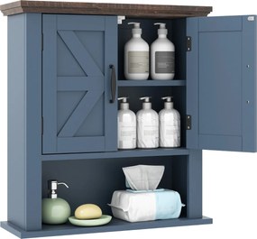 Armário de parede casa de banho, sala, cozinha ou entrada 55 x 19 x 60 cm com portas em estilo rústico, prateleira ajustável e compartimento aberto Az