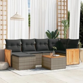 7 pcs conjunto sofás p/ jardim c/ almofadões vime PE cinzento