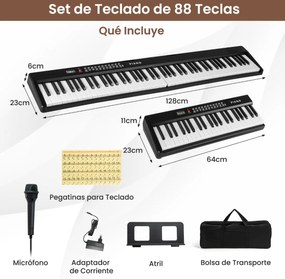 Teclado de piano elétrico dobrável com 88 teclas, tamanho normal, semi-pesado e portátil com MIDI 128 x 23 x 6 cm Preto