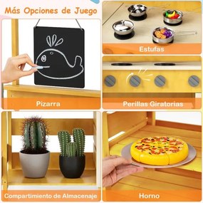 Cozinha de brincar com mesa de piquenique para crianças de madeira de abeto com banco Quadro negro Acessórios Utensílios Amarelo