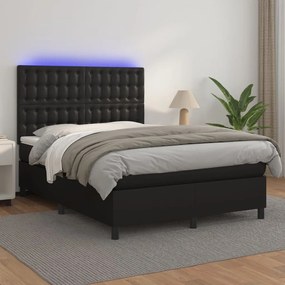 vidaXL Cama box spring c/ colchão/LED 140x200cm couro artificial preto