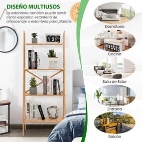 Estante de bambu para escadaria 4 níveis Suporte para plantas Anti-ponta para sala de estar e escritório 60 x 35,5 x 148 cm Natural