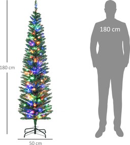Árvore de Natal artificial iluminada em forma de lápis, 180 cm, 150 luzes multicoloridas, 390 ramos, base em aço verde
