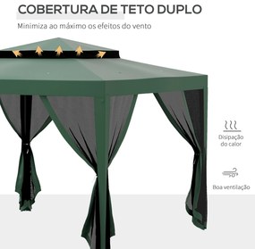 Pérgola de Jardim com 4 Mosquiteiras Teto Duplo 8 Orifícios de Drenagem e Estrutura de Metal 297x297x268 cm Verde