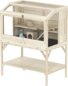 Gaiola de madeira para hamsters, gaiola para roedores com 2 níveis, prateleira de arrumação, tampa que se abre, 84 x 53 x 110 cm, madeira natural