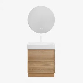 Conjunto De Móveis De Banheiro Em Madeira Jolene Com Pia Integrada Madeira Natural & Redondo Led E Anti-embaciamento Ø70 Cm Riben & - Sklum