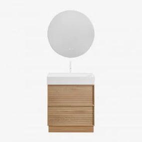 Conjunto De Móvel De Casa De Banho 70x50 Cm Em Madeira Com Lavatório Integrado Jolene Madeira Natural & Redondo Led E Anti-embaciamento - Sklum