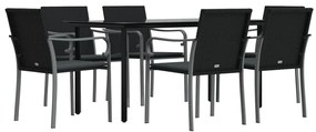7 pcs conjunto de jantar p/ jardim c/ almofadões vime PE e aço