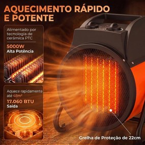 Aquecedor Elétrico Cerâmico PTC 5000W com Termóstato Ajustável 3 Modos e Ângulo Ajustável Portátil para 48 m² Laranja