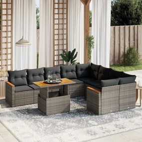 10 pcs conjunto sofás de jardim c/ almofadões vime PE cinzento
