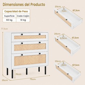 Cómoda de 3 Gavetas, 75 x 35 x 77,5 cm, Frentes com Imitação de Vime, Branco