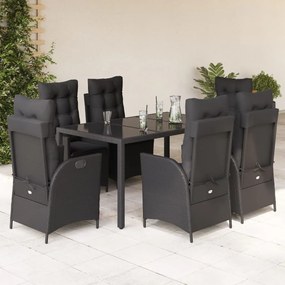 vidaXL 7 pcs conjunto de jantar p/ jardim c/ almofadões vime PE preto
