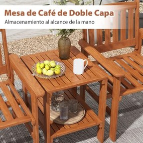 Conjunto de mesa e cadeira jardim de 3 peças para pátio Assentos de madeira para conversação ao ar livre com furo para guarda-sol Castanho