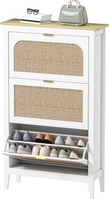 Sapateira com capacidade para 21 pares 80 x 24 x 131 cm, estilo boémio, com 3 gavetas rebatíveis, portas com efeito de vime, branco