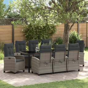 vidaXL Conjunto de Jantar de Jardim com 9 Peças e Almofadas - Rattan Poliéster Cinza