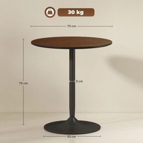 Mesa de jantar alta redonda Ø 70 x 75H cm para 2 pessoas (CADEIRAS NÃO INCLUIDAS), com tampo em folheado de madeira maciça e base em aço castanho