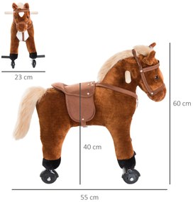 Cavalo para Crianças acima de 36 Meses com Rodas Sons de Relincho e Pedais Carga 60 kg 55x23x60 cm Castanho