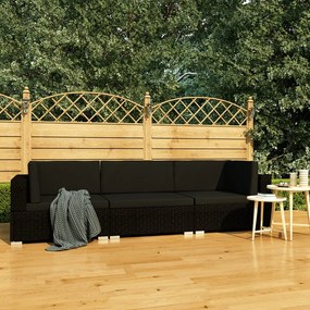 3 pcs conjunto sofás de jardim c/ almofadões vime PE preto
